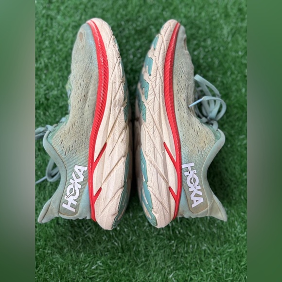 Hoka Shoes - Hoka Women's Clifton 8 Wide Olive and Red Athletic Shoes Size 8D